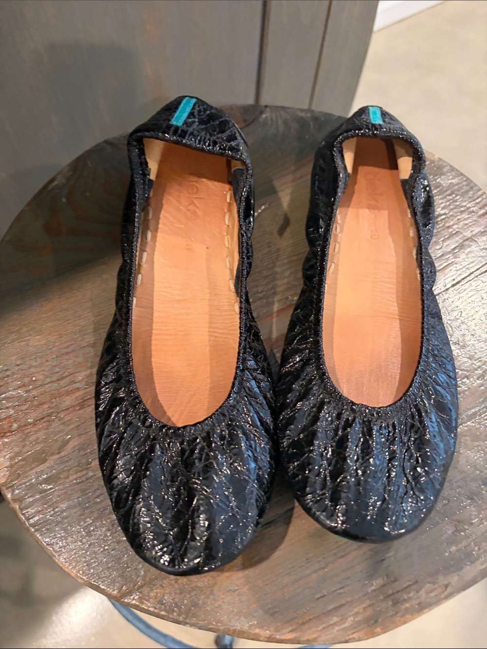 Tieks Black Quilted Ballet Flats with Teal Tab